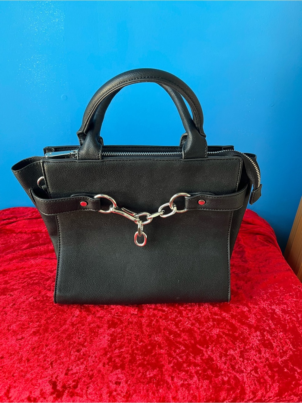 Black Leather Top-Handle Bag with Silver Hardware